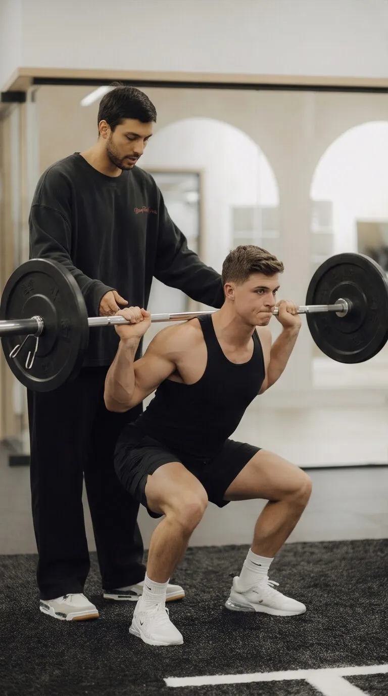Santi coaching a barbell back squat, strength training with a Costa Mesa personal trainer