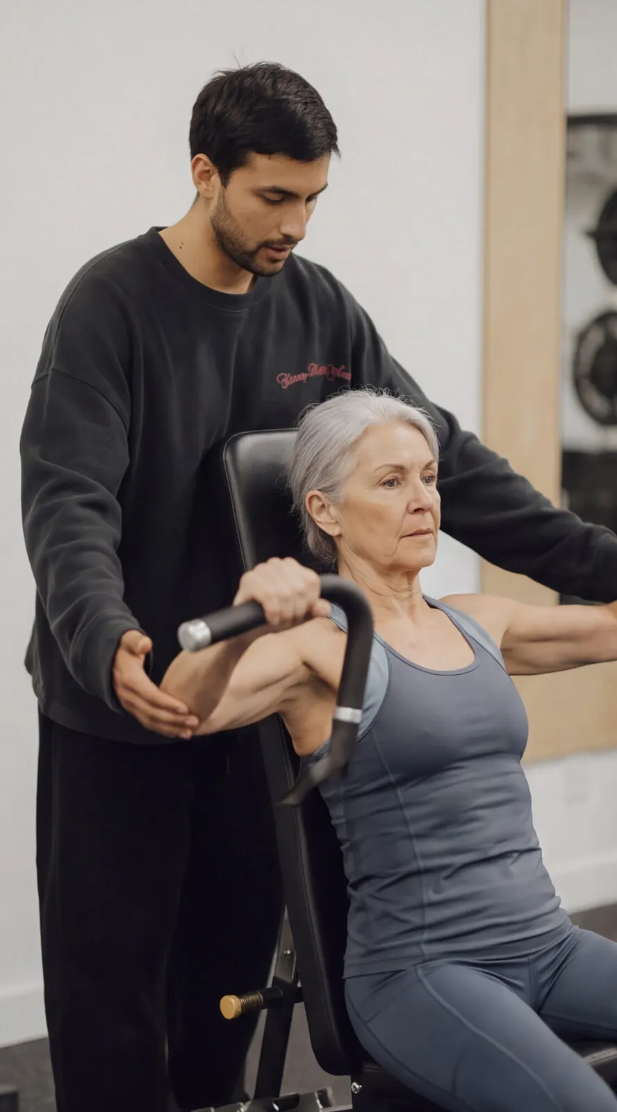 Coach Santi guiding a supported chest press with careful attention to form, safety first coaching for Laguna Niguel clients of every age