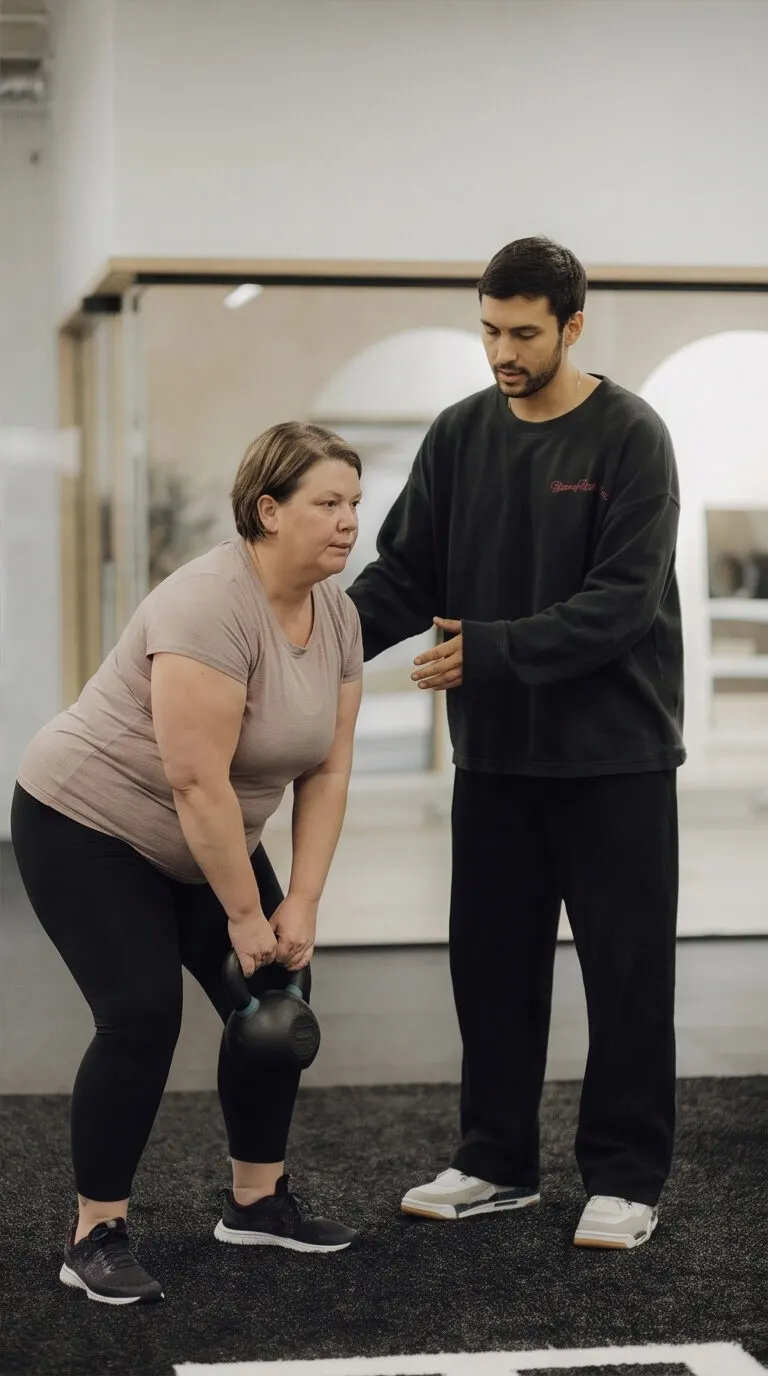 Coach Santi cueing a kettlebell hinge, sustainable weight loss coaching for South Orange County