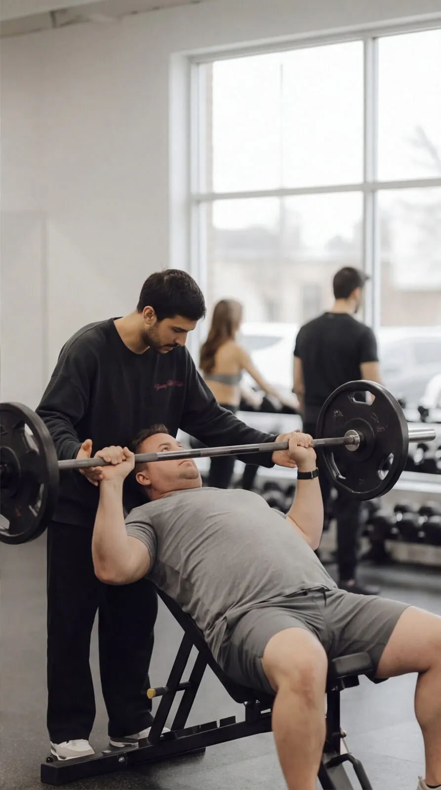 Spotting an incline barbell press while others train nearby, small group personal training energy