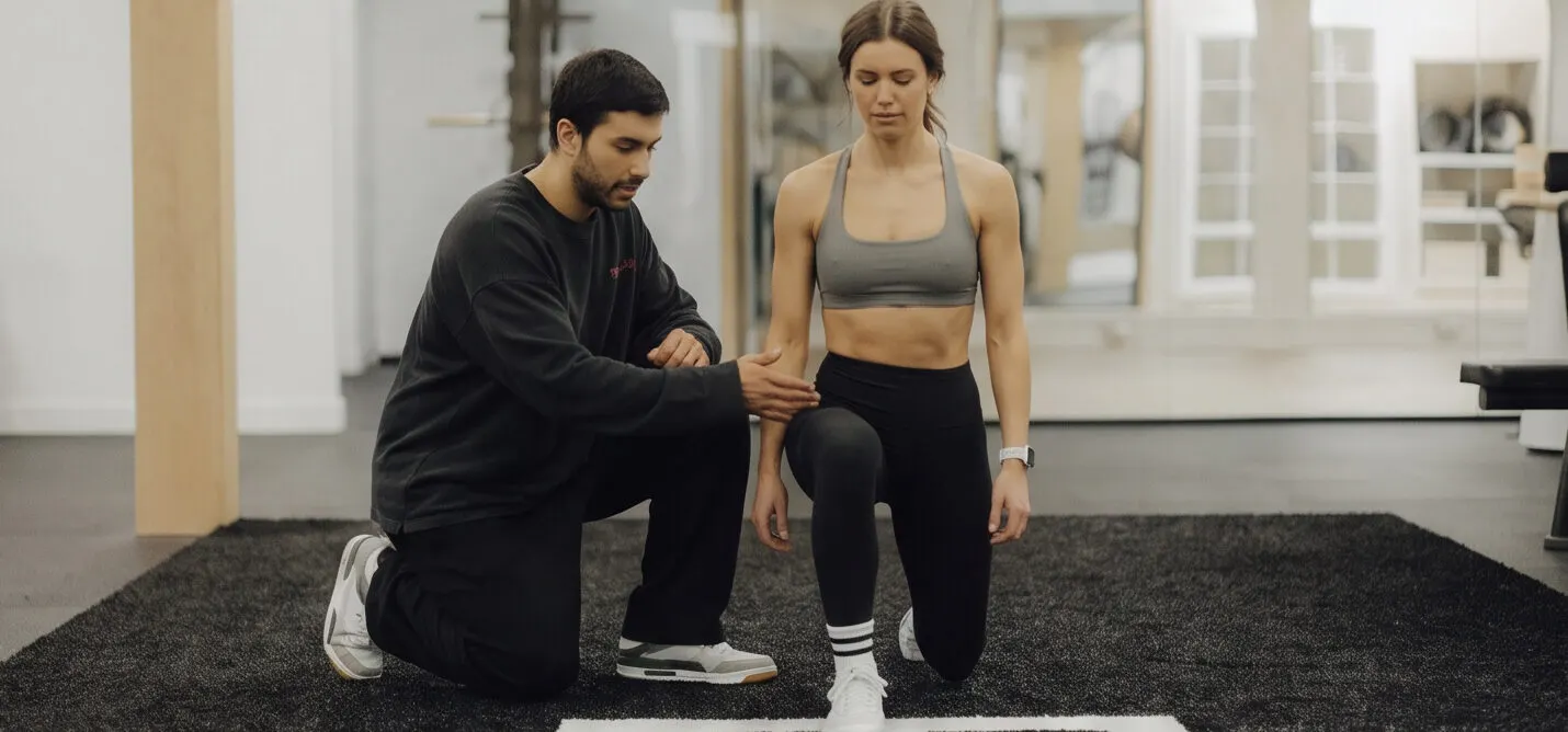 Coach Santi kneeling to check lunge alignment, an individually tailored movement assessment