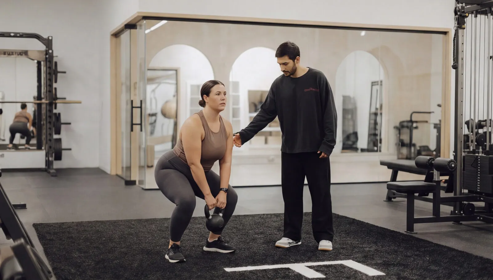 The private studio training floor with arched mirrors and open racks where personal training sessions happen